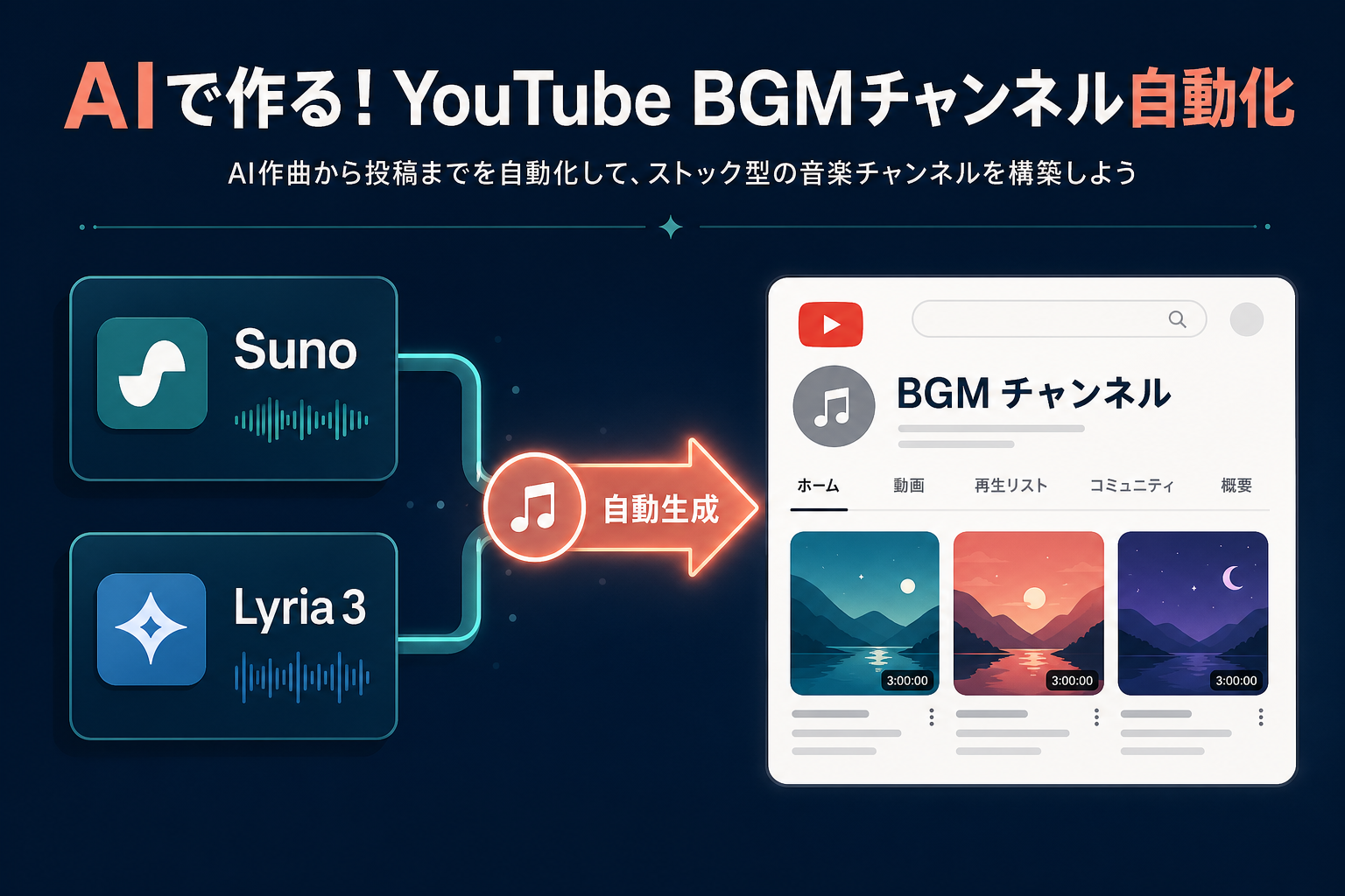 Suno と Lyria 3 の AI 音楽生成カードから矢印が伸び、YouTube BGM チャンネル（動画サムネイル 3 枚）に流れ込む自動運営フロー図