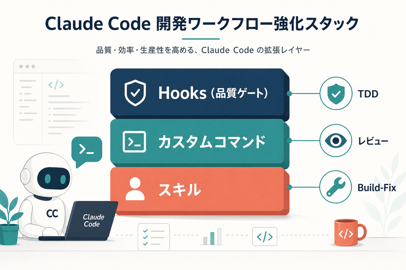 「Hooks（品質ゲート）」「カスタムコマンド」「スキル」の 3 段スラブが積み重なり、TDD / レビュー / Build-Fix のアイコンと結ばれた開発ワークフロー強化スタック図